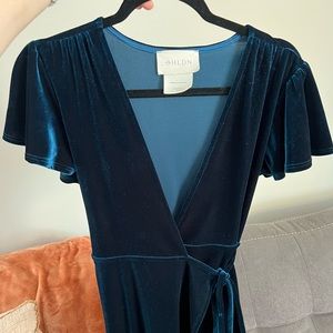 BHLDN dark teal velvet wrap dress